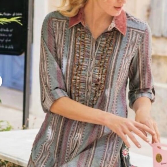 Soft Surroundings Elena Boho Embroidered Velvet Mixed Print Tunic 3X Floral - Picture 2 of 3